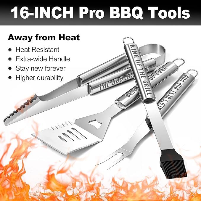 Pop Pop Gifts from Grandkids, Gifts for Poppop Grandparents Day, Grilling Accessories, Heavy Duty Stainless Steel Grill Set BBQ Grill Tools for Outdoor Grill with Aluminum Case, Grill Utensils Set