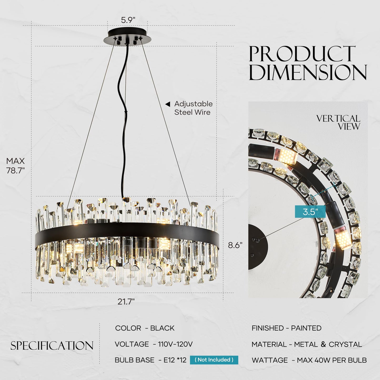 Lighceac 21.7 Black Modern Crystal Chandelier Light Fixtures stylish 2 Ring Crystal Chandeliers For Dining Room 12-Light Round Hanging Pendant Lighting For Living Room Kitchen Island Entryway Bedroom