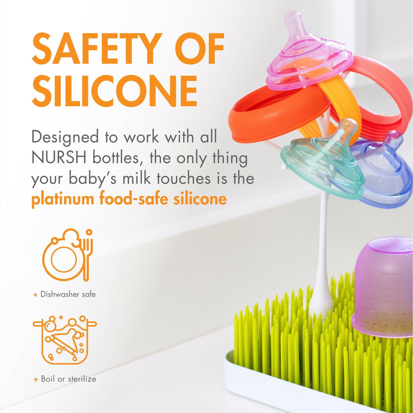 Boon Nursh Platinum Food-Safe Silicone Baby Bottle Nipples - Fast Flow - Baby Bottle-Feeding Supplies Fits All Boon Nursh Bottles - Colorblock - 3 Count - Ages 6 Months and Up
