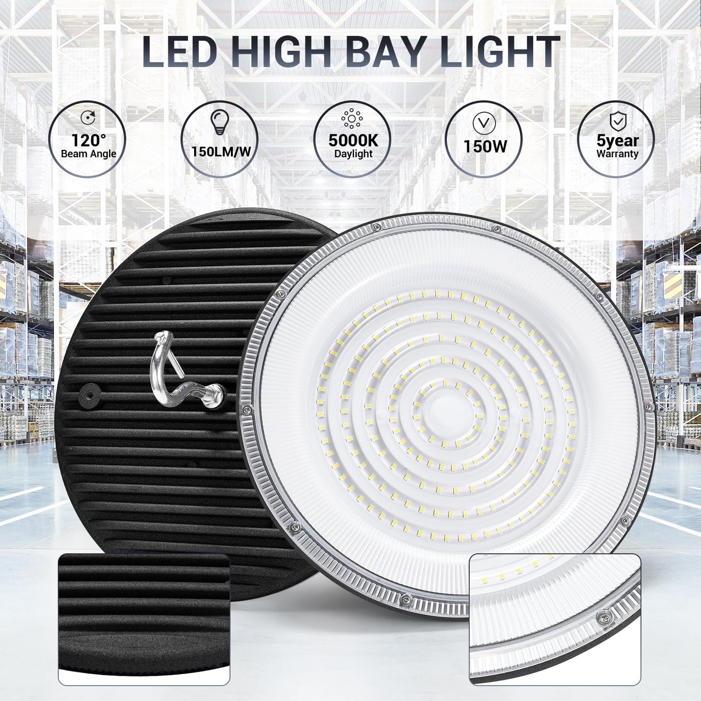 Xycn 6 Pack 150W Ufo Led High Bay Light 120Vac 21050Lm 5000K Daylight Area Lighting Ip66 Waterproof 650W Mh/Hps With Plug Commercial Bay Lighting For Warehouse/Shop/Workshop/Barn/Gym/Factory