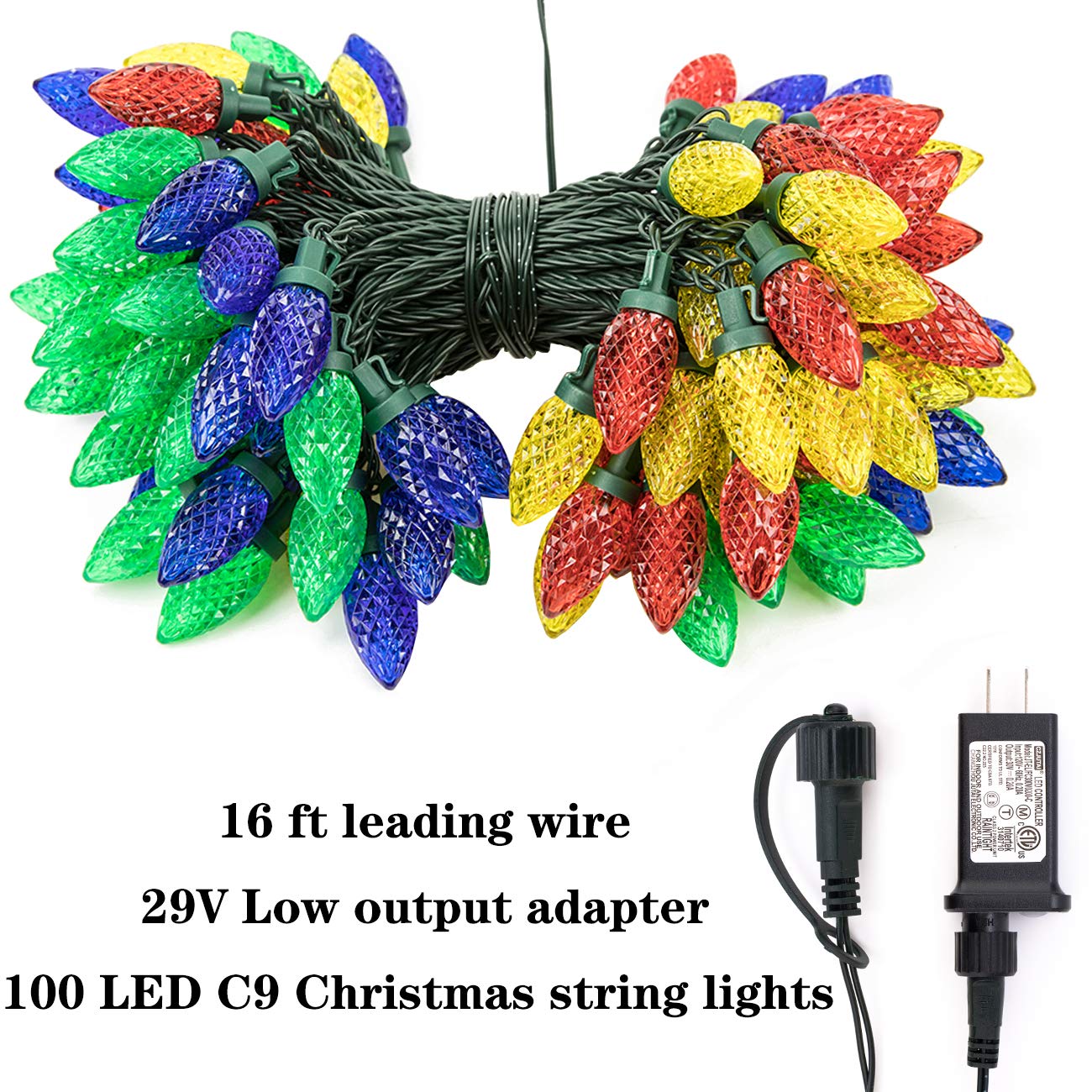 AWQ C9 Christmas String Lights 100 LED 81FT Multicolor Waterproof 8 Modes Timer Indoor Outdoor
