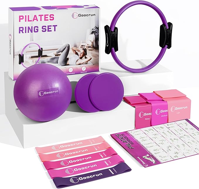 Goocrun Pilates Ring Set with Resistance Bands Set, Pilates Ball, Sliding Disks – Workout Equipment Home Gym Includes Comp...