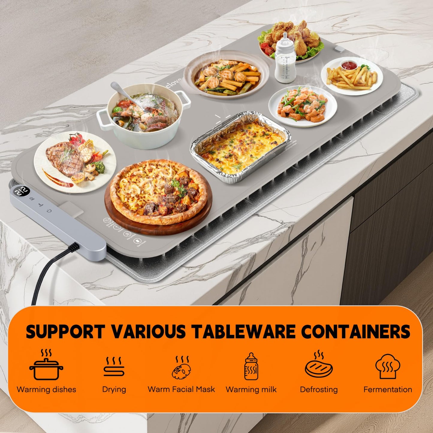 Homelove Warming Mat for Food - Electric Warming Tray with 6-Level Temperature and Hours Setting, Full Surface Graphene Heating, Waterproof Dishwasher-Friendly Food Warmer for Parties, Kitchen (Khaki)