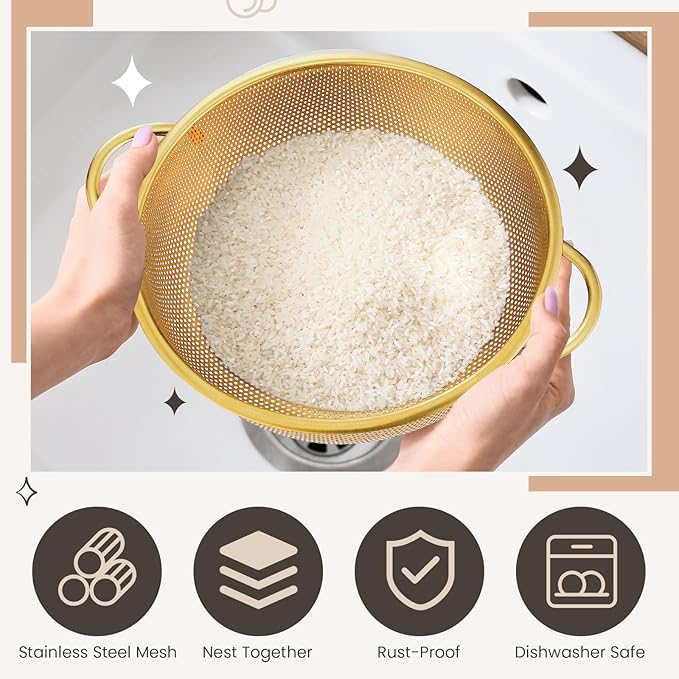 Baderke 3 Quart Stainless Steel Gold Colander and 3 Pcs Fine Mesh Strainer with Handles Gold Kitchen Accessories for Kitchen Draining Rinsing Serving Food Pasta Rice Vegetables