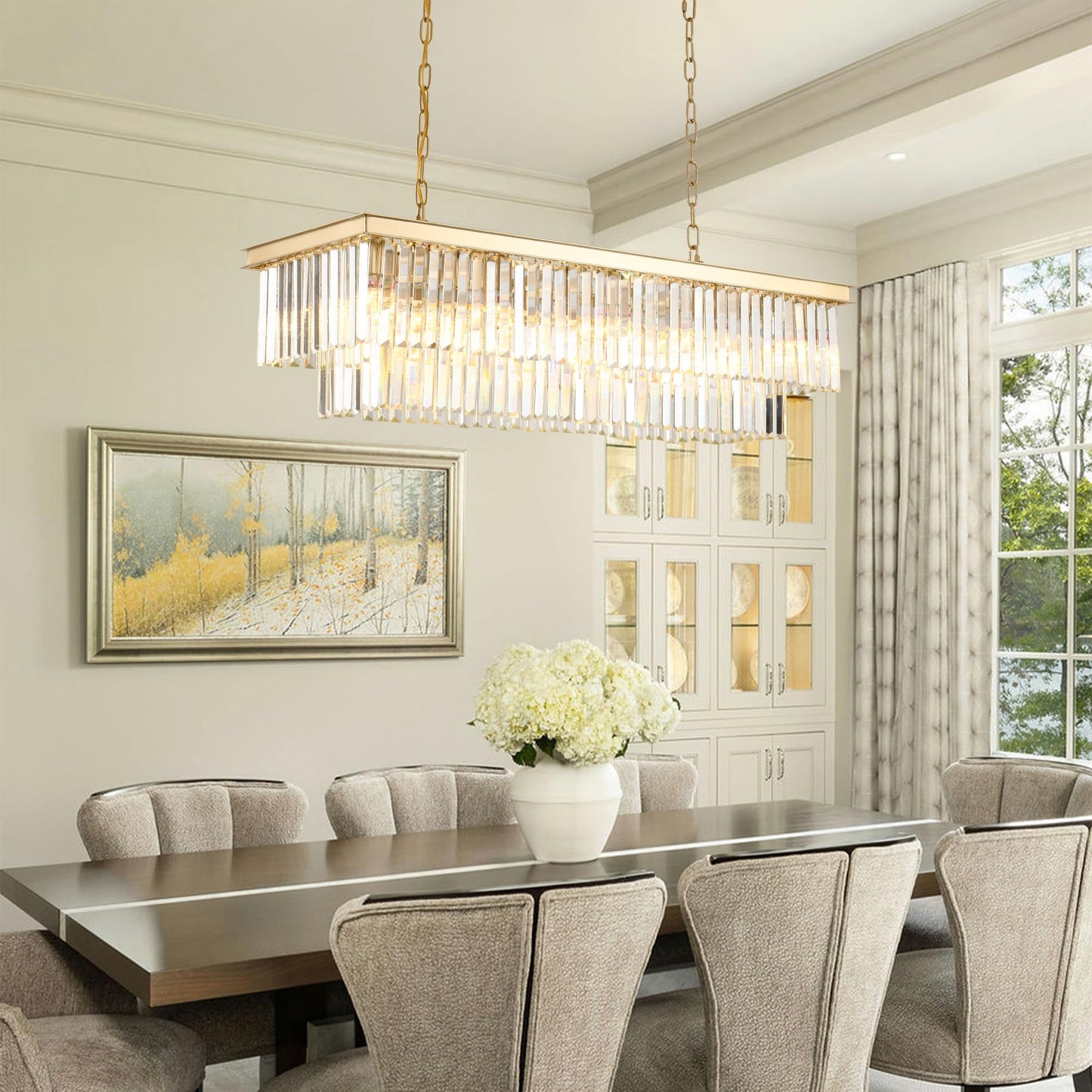 Gold Rectangular Chandelier 40 Inch-10-Light stylish Crystal Pendant Lighting For Dining Room  Kitchen Island & Bar-Adjustable Height  Flush Mount Ceiling Fixture enhanced Lighting Fixture(Gold  L-40)