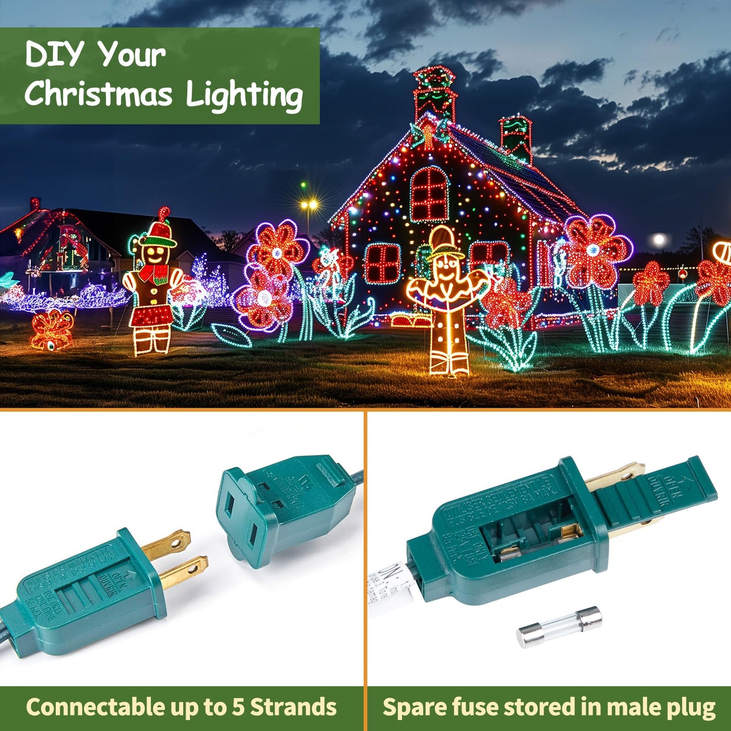 Minetom C9 Light Strand  100 Ft Christmas Stringer With 100 Sockets For Outdoor String Light  Connectable  Intermediate Base (C9/E17) - 12 Spacing  Green Wire  Note (Only Use For C9 Led Bulb)