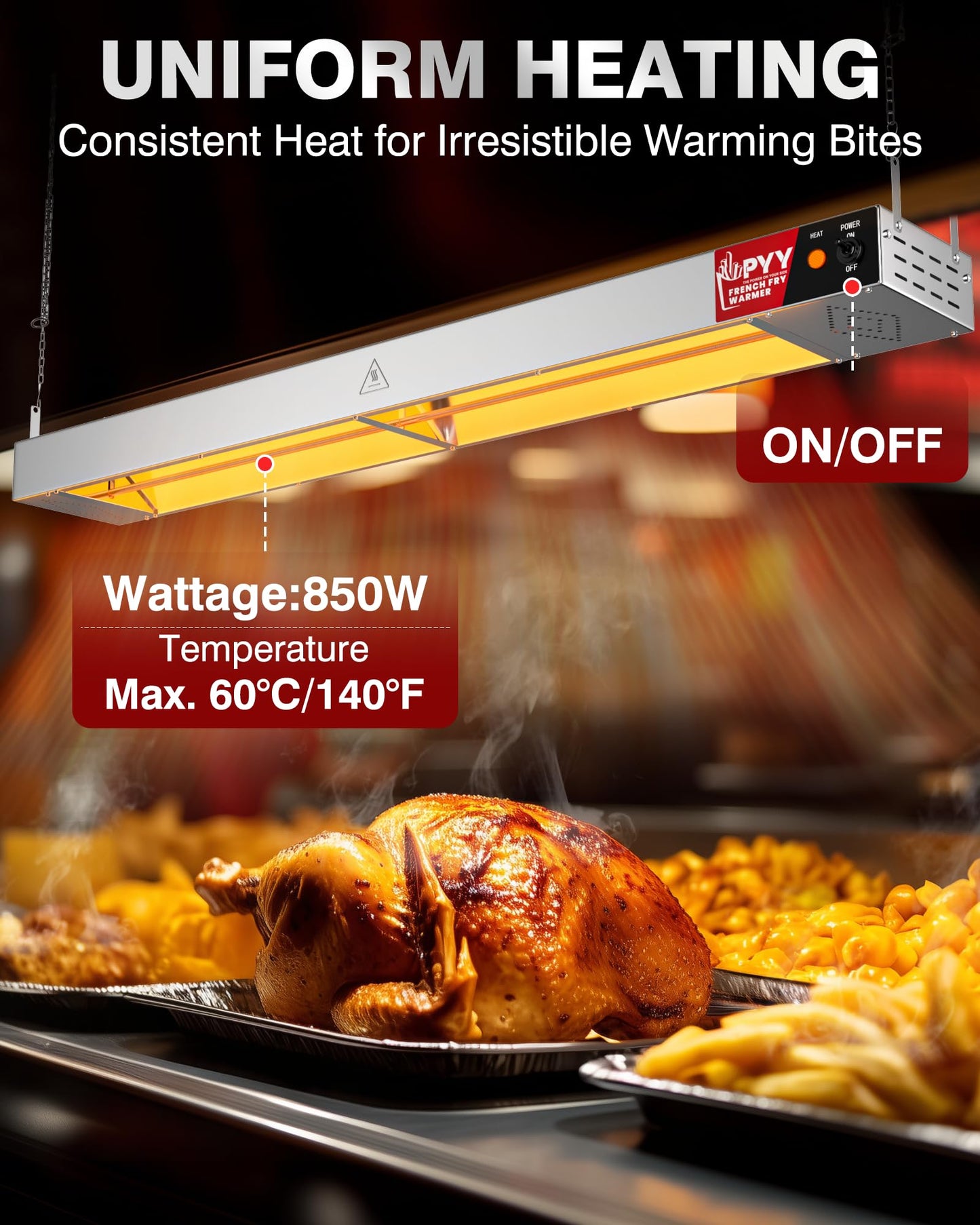PYY Food Heat Lamp-42 Inch Commercial Grade Infrared Food Warming Lamp, Pass-Through Stations Heating, Stainless Steel Food Warming Light for Cafeteria Restaurants Kitchen, 850W