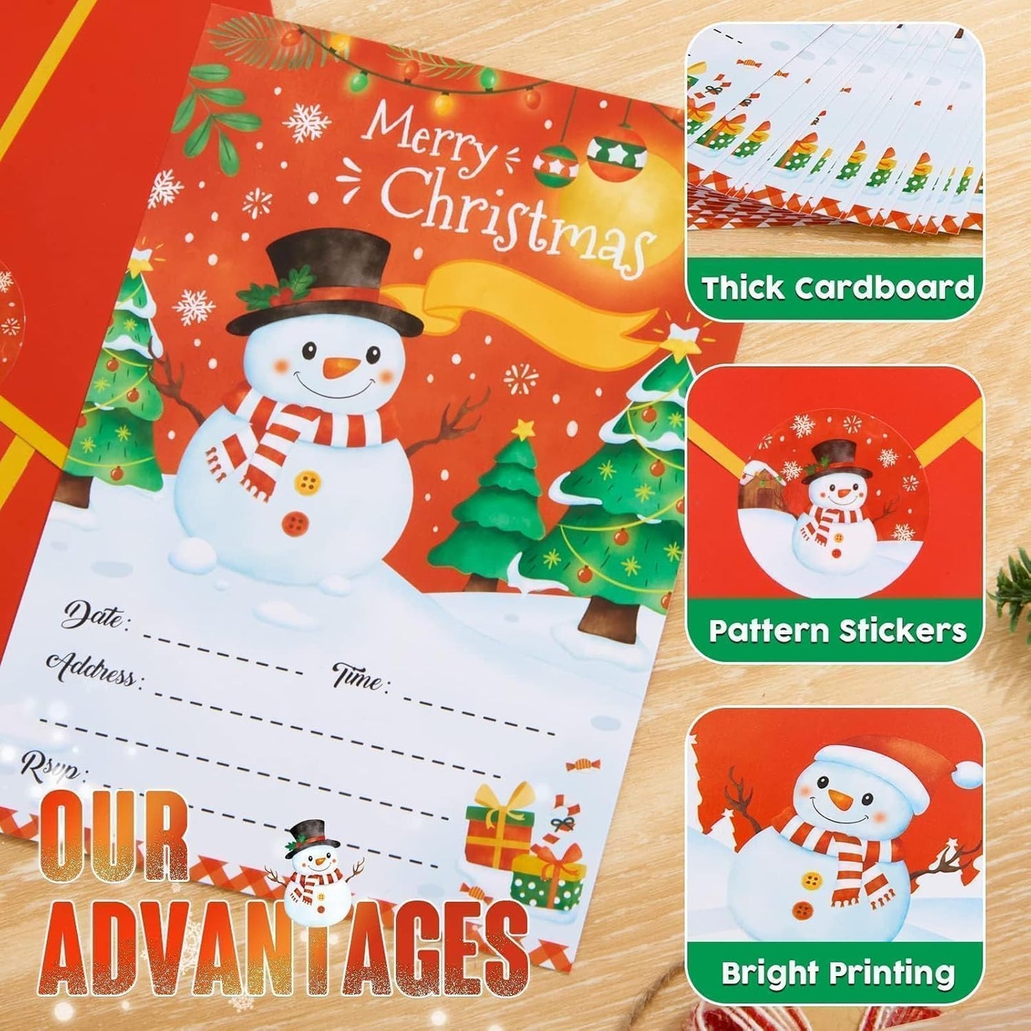 WERNNSAI 24 Pack Christmas Party Invitations - Christmas Snowman Invitation Cards with Envelopes Stickers for Kids Red Xmas Invites for Christams Holiday Winter Party Supplies with Snowman Design