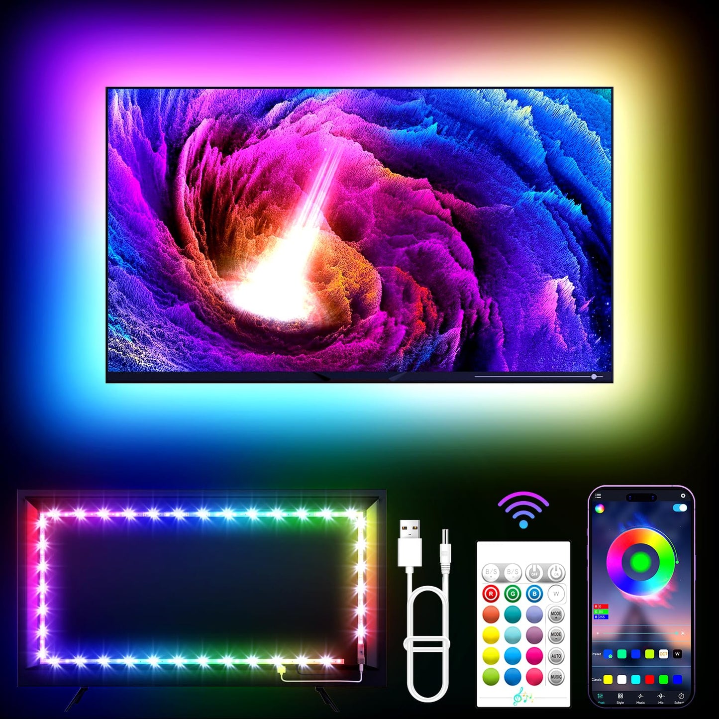 Kantutoe Led Strip Lights For 32-55 Tvs, 11.5Ft Rgb Backlights With Remote & Music Sync, Usb Powered - Multicolor