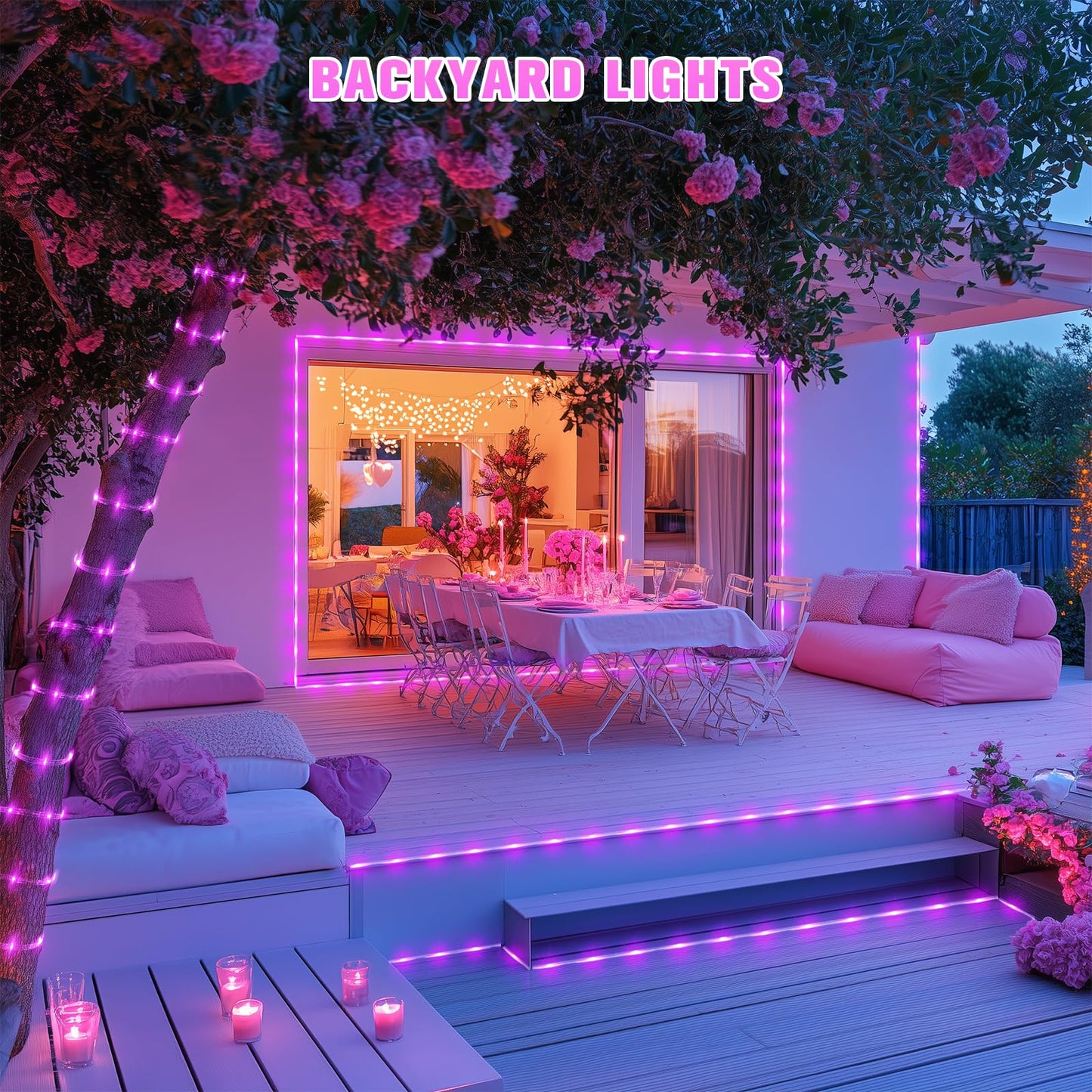 JMEXSUSS Solar Rope Lights, 200 LED, 66ft, IP65 Waterproof, Pink, 8 Modes for Outdoor Use