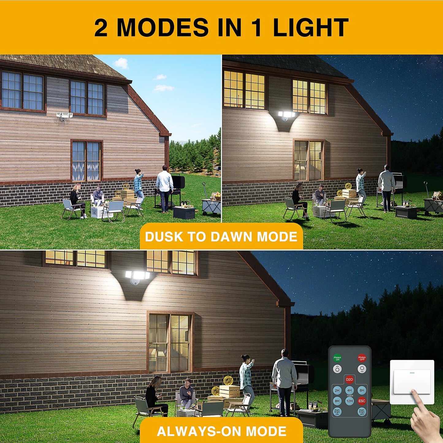 Onforu Dusk To Dawn Outdoor Lighting 60W 6000Lm Flood Lights Outdoor Security Lights Wired With Remote Ip65 Waterproof Led Outdoor Light 3 Adjustable Heads Photocell Light For Garage Patio Yard White