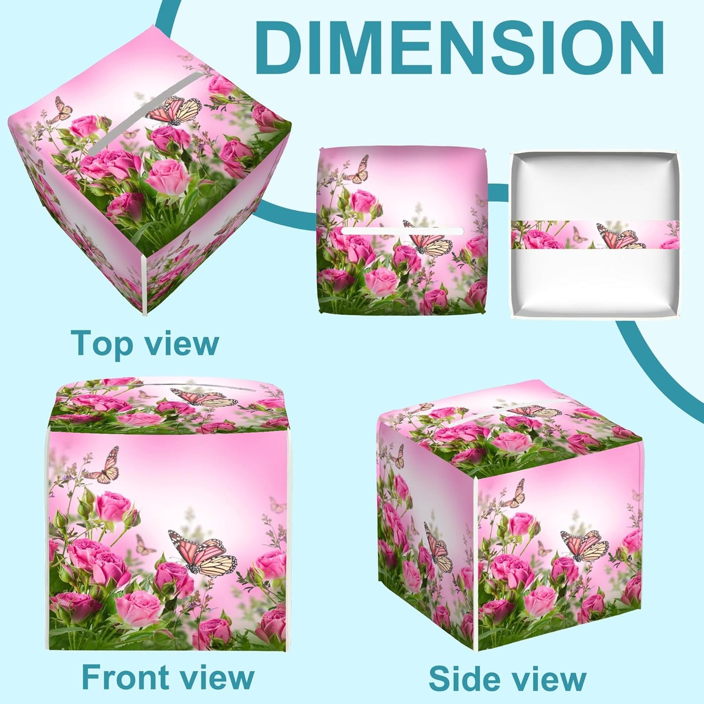 Roses Floral Bush Leather Tissue Holder,Flying Butterfly Square Tissue Box Cover,Modern Decorative Facial Tissue Paper Cover for Car Bedroom Nightstand Vanity Desk Office Table Top,5.2" x 5.2" x 5.2"