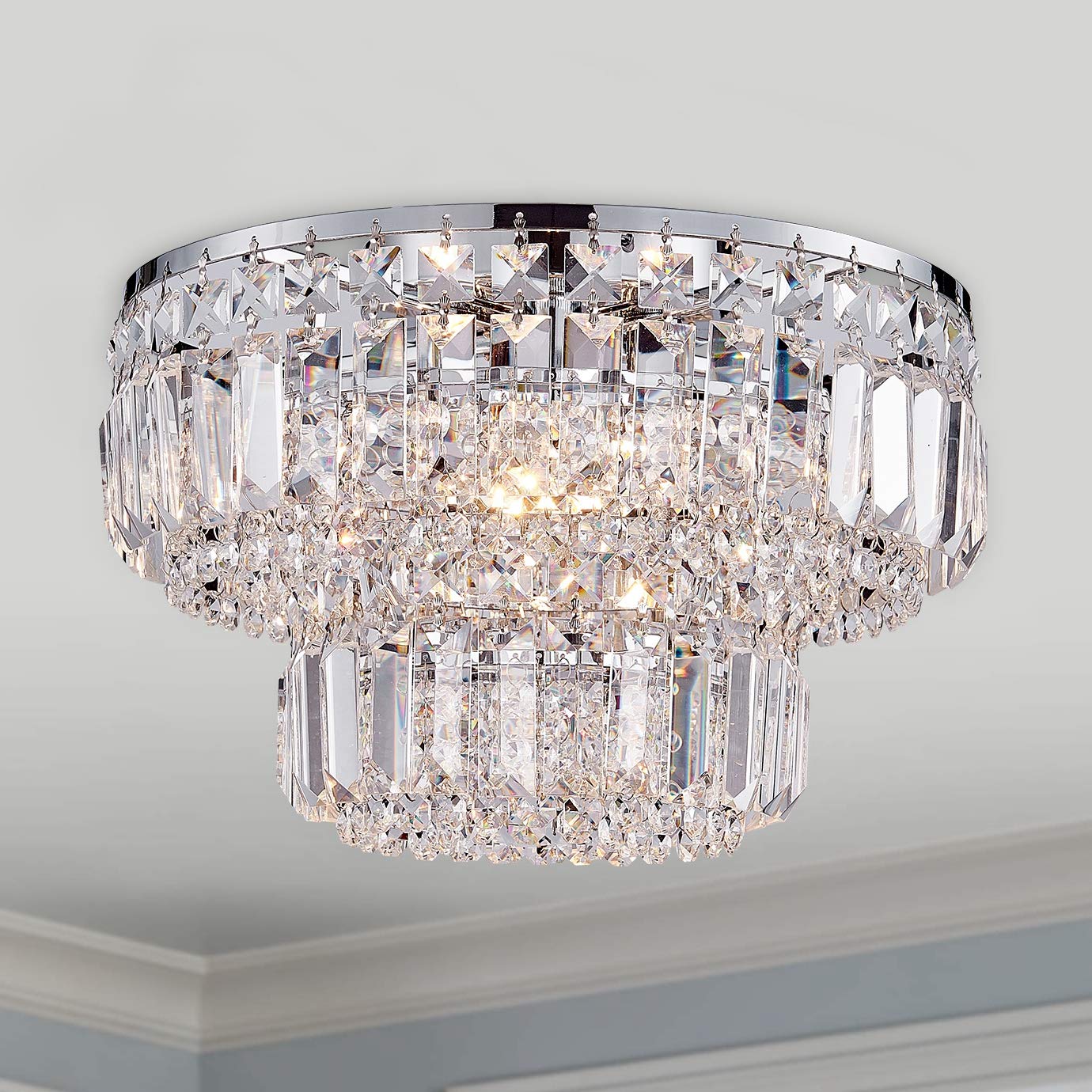 Bestier Modern Chrome Crystal Flush Mount Chandelier Light, Led, 13 X 9, 4 G9 Bulbs Required, Ideal For Dining Room, Bathroom, Living Room