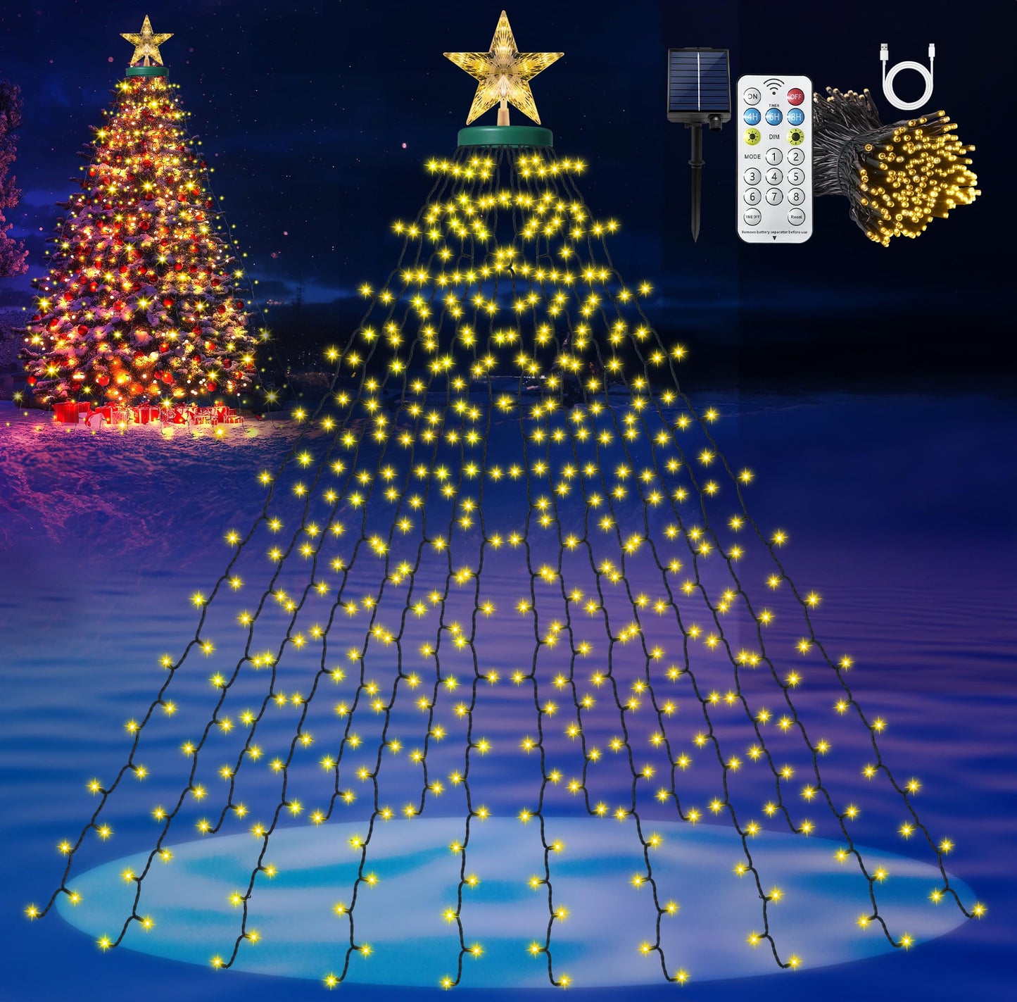 Amipepe Solar Christmas Tree Lights With Star Topper  410 Led 6.6Ft X 16 Lines Christmas String Lights With 8 Models Timer Remote  Waterfall Tree Lights Usb Powered For Xmas Tree  Warm White