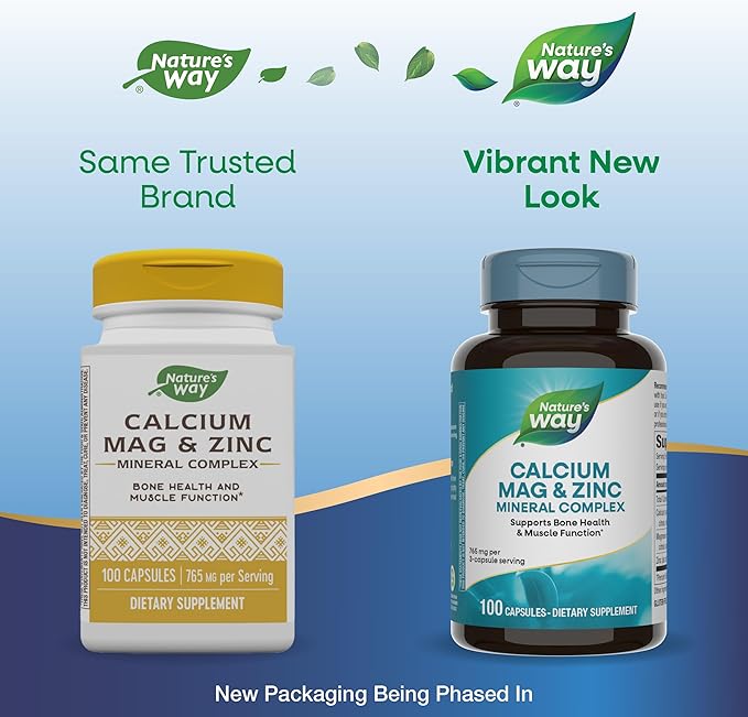 Nature's Way Calcium Magnesium & Zinc Mineral Complex, Supports Bone Health & Muscle Function*, Immune Support*, 765 mg per 3-Capsule Serving, Gluten Free, 100 Capsules (Packaging May Vary) - 2 Pack