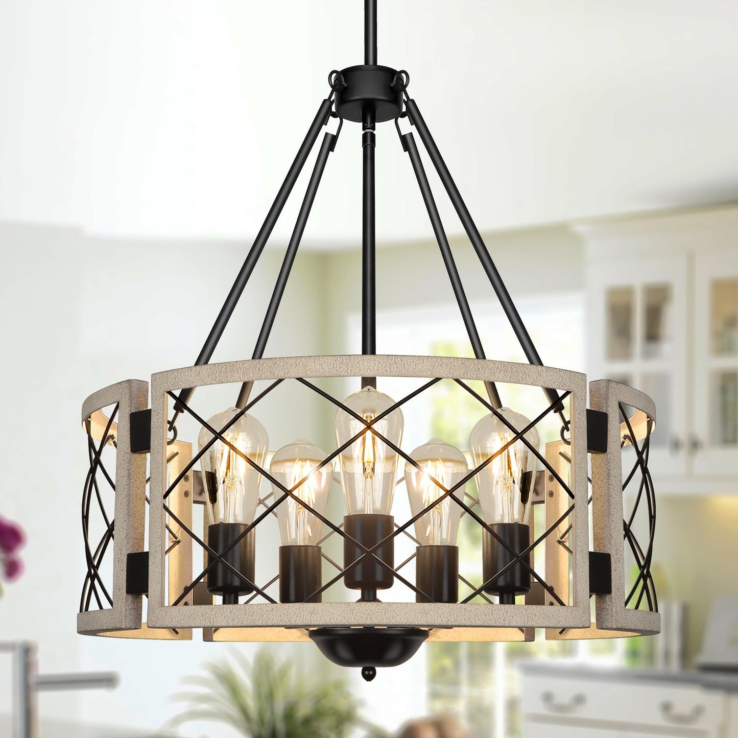 Sigaitwei 18.9 Farmhouse Drum Chandelier  5-Light Adjustable Dining Room Light Fixture Kitchen Island Lighting  Rustic Hanging Lights For Entryway Dining Room Kitchen Table Foyer Living Room.