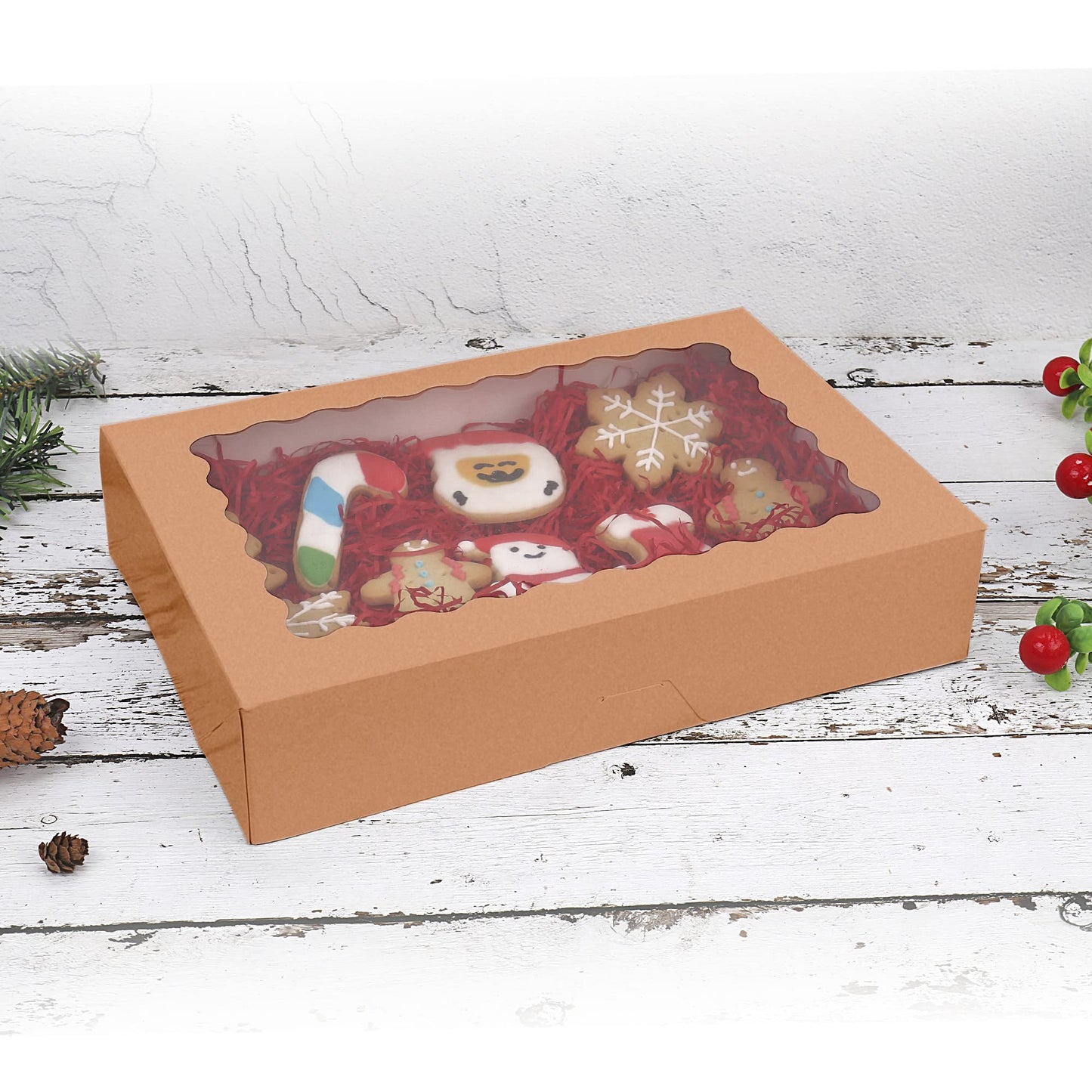 Tcoivs 20-Pack Bakery Boxes with Window, 12" x 8" x 2.5" Cookie Boxes, Treat Boxes, Large Donut Boxes for Muffins and Pastries (Brown)