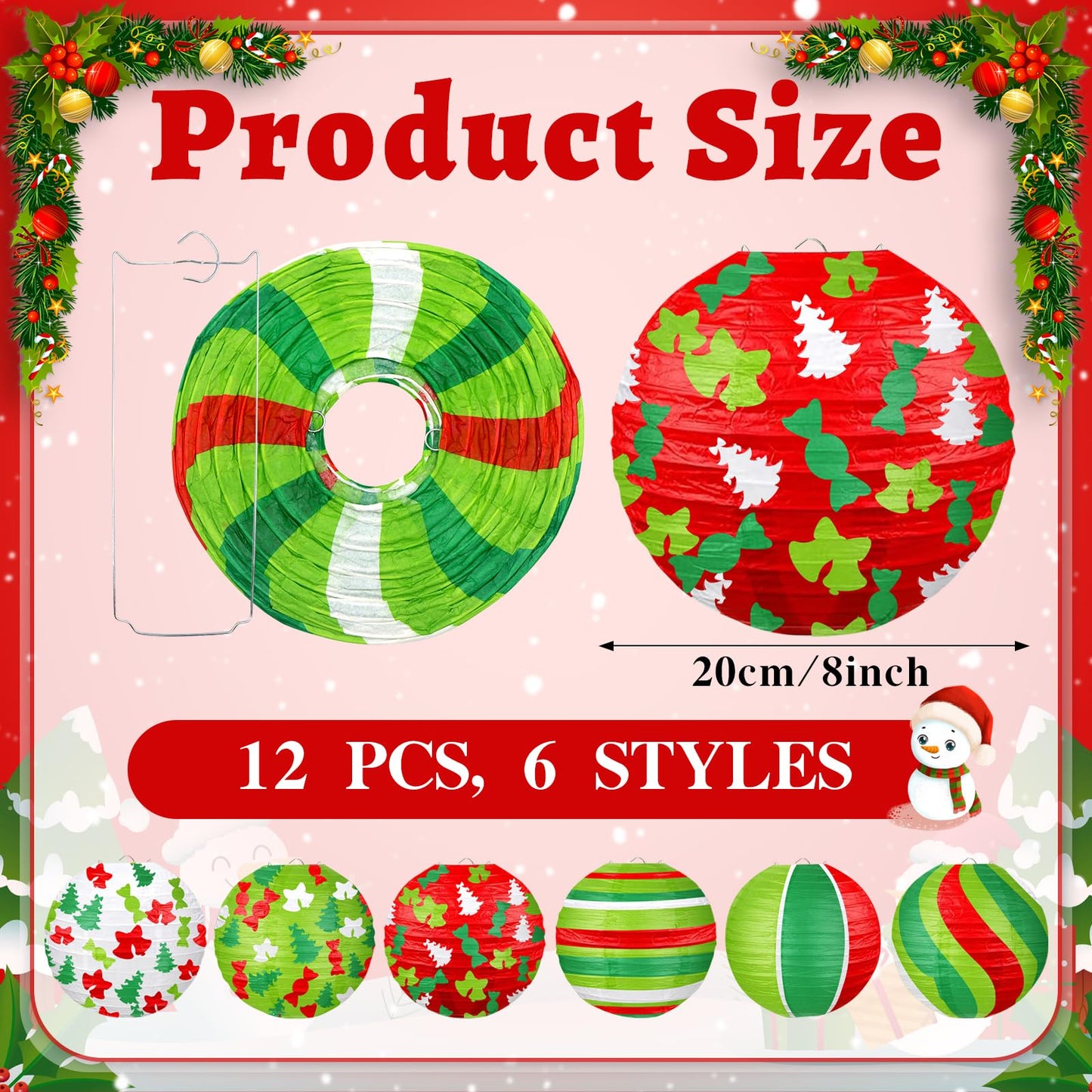 ADLKGG Christmas Paper Lanterns, 12 Pcs, Red Green Trees & Bells, Indoor Outdoor Holiday Decorations, Model 001