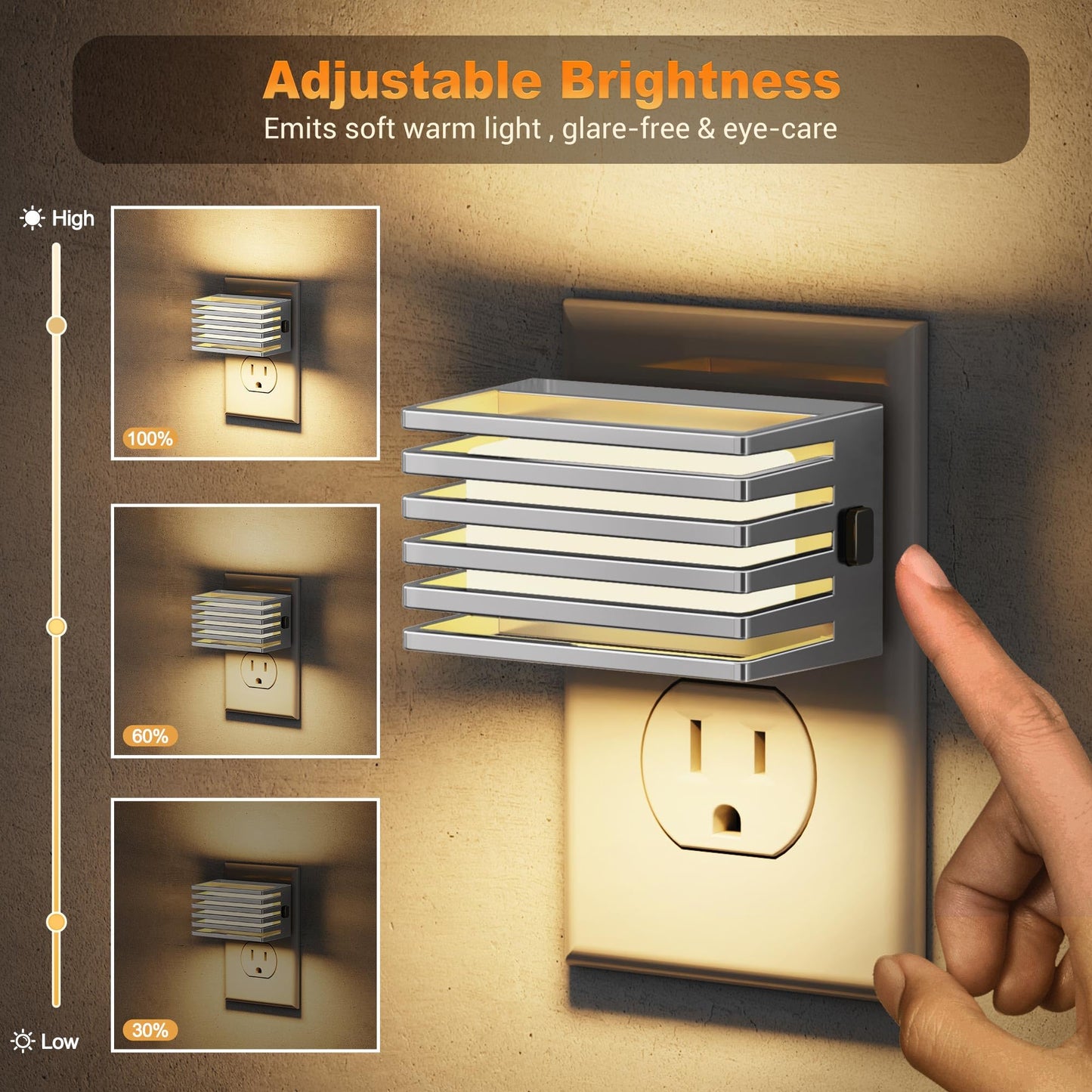 JandCase LED Night Light, Dimmable Soft White, 2 Pack, Warm Silver Shade, with Dusk to Dawn Sensor for Bedroom and Bathroom
