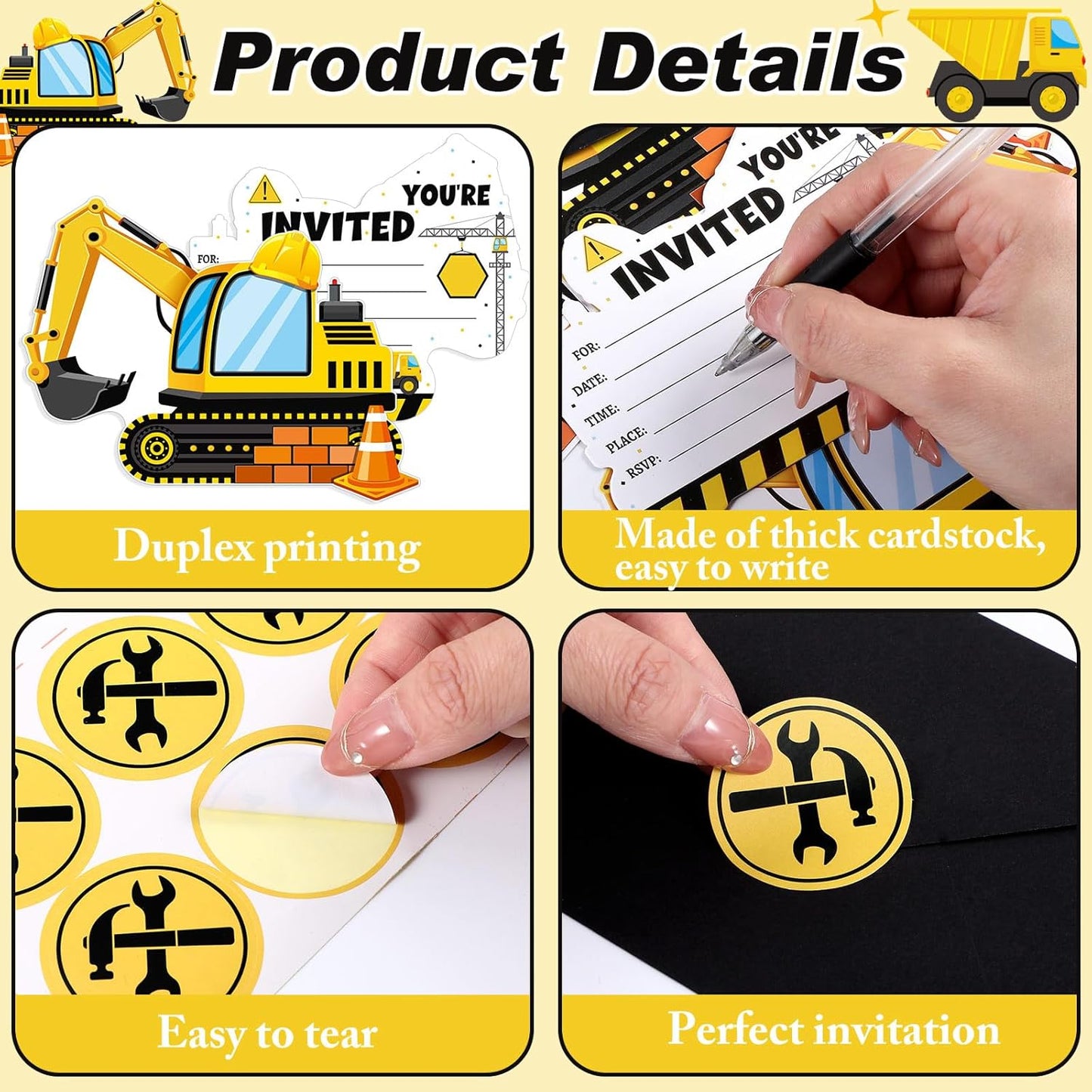 30 Sets Construction Excavator Birthday Party Invitations Cards with Envelopes Stickers Construction Themed Invitations for Boy Kids Birthday Excavator Party Supplies Decoration