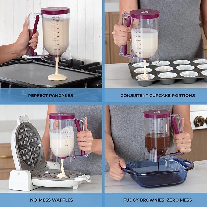 KPKitchen Pancake Batter Dispenser - Kitchen Must Have Tool for Perfect Pancakes, Cupcake, Waffle, Muffin Mix - White Elephant Gifts for Adults - Pancake Griddle Maker with Measuring Label (Purple)