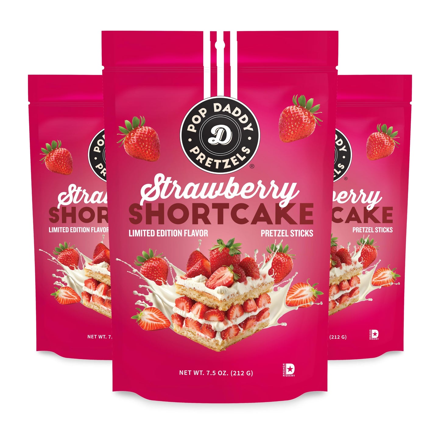 Pop Daddy Flavored Pretzels Sticks  Healthy Gourmet Pretzels Snacks  7.5oz Individual Bags  3 Pack  Strawberry Shortcake