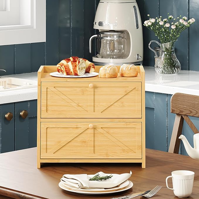 Vintage Double Layer Bread Box for Kitchen Counter Bamboo Bread Storage Container Large Capacity Bread Storage Bin (Natural Bamboo)