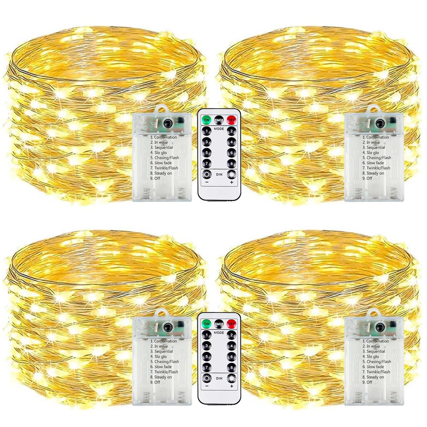 EXF 4-Pack Battery Operated Fairy Lights, 50 LEDs, Warm White, Remote & Timer, Waterproof, 16 FT, Model YHY-BO50LED