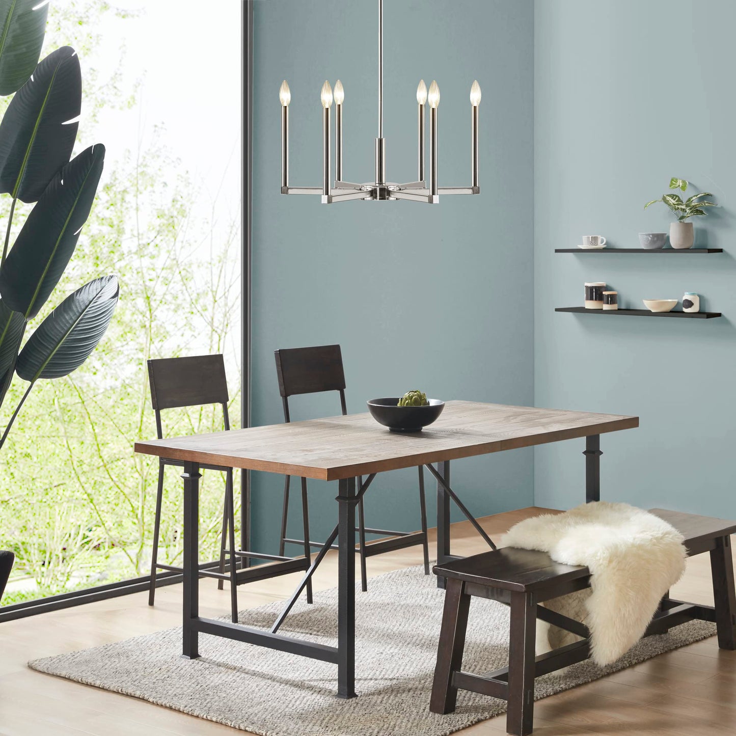 INK+IVY Renzetti Chandelier, Adjustable Rod Ceiling Light, 6 Bulbs, Iron, Silver, 23inDia x 13.25inH-49inH, Model II150