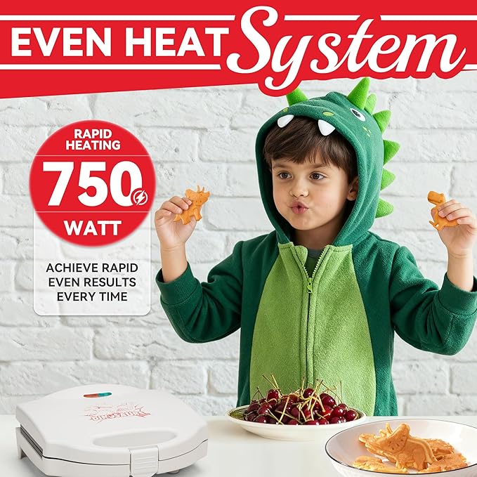 Dinosaur Mini Waffle Maker for Kids, Mini Pancake Maker Machine for Halloween, 8 Different Shaped Dinos in Minutes, Electric Non-Stick Waffle Iron, White