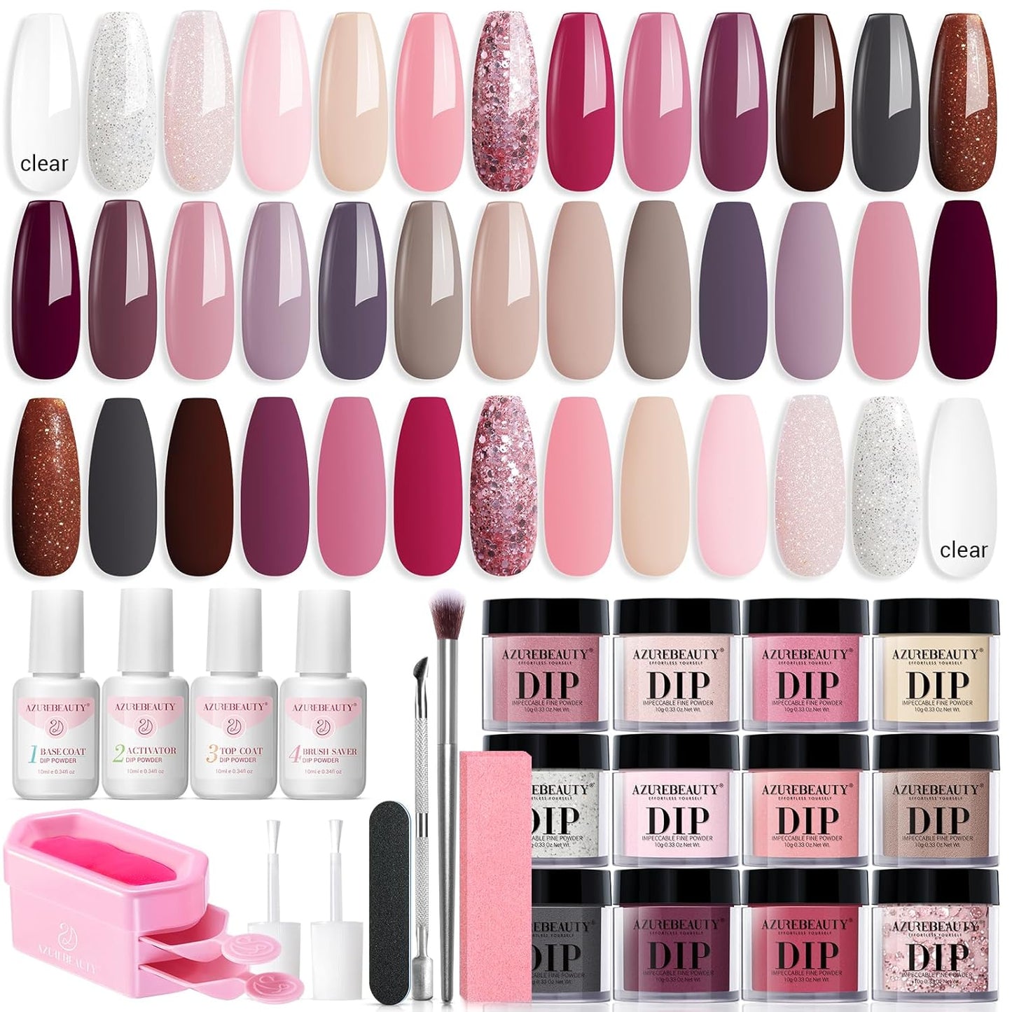 AZUREBEAUTY 31 Pcs Dip Powder Nail Kit Starter 20 Colors Clear Nude Pink Brown Glitter All Season Acrylic Dipping Powder Liquid Set with Top/Base Coat Activator for French Nail Art DIY Salon Gift