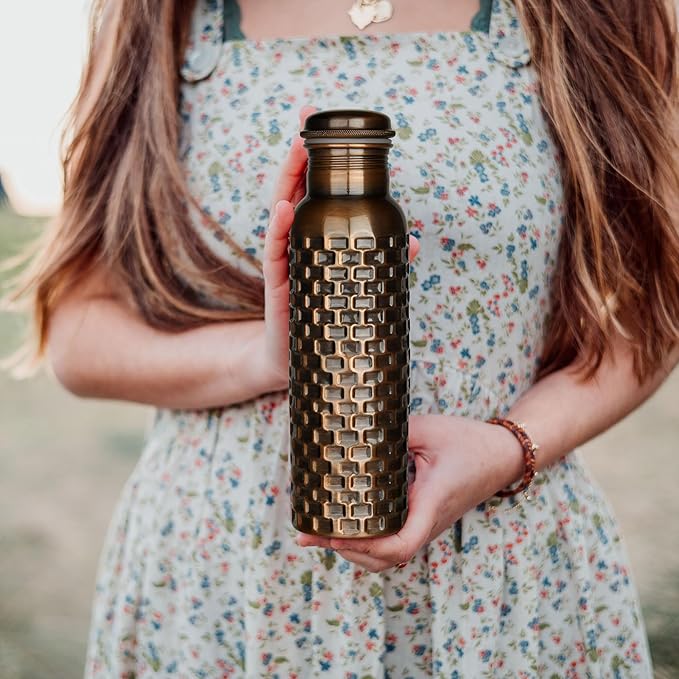 Black Bricks Design Pure Copper Water Bottle for Drinking – Travel Water Bottle for Gym, Office, Hiking, Outdoor – Ayurvedic Water Bottle Joint Less Leak Proof