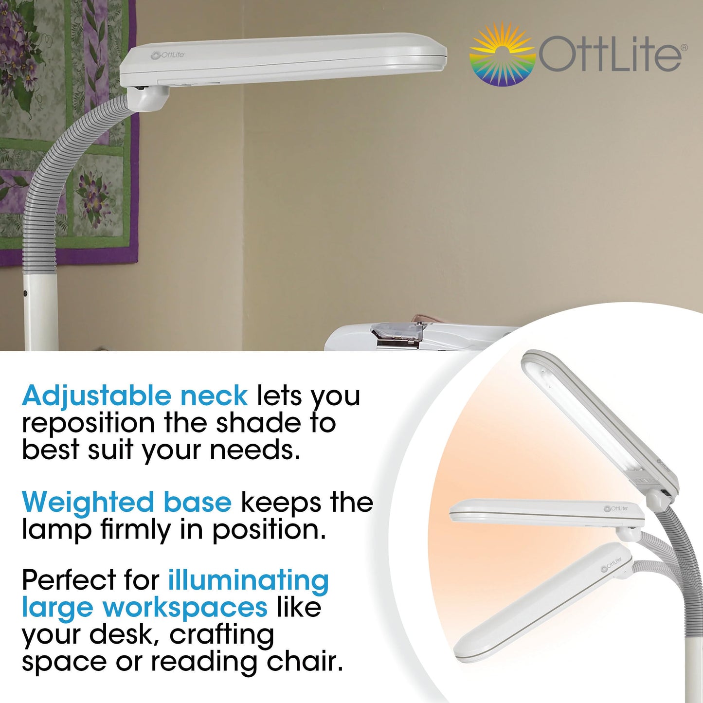 Ottlite Standing Floor Lamp - Adjustable Neck, 24W Compact Fluorescent, Off-White, Large, Model L24554-Shpr For Home & Office