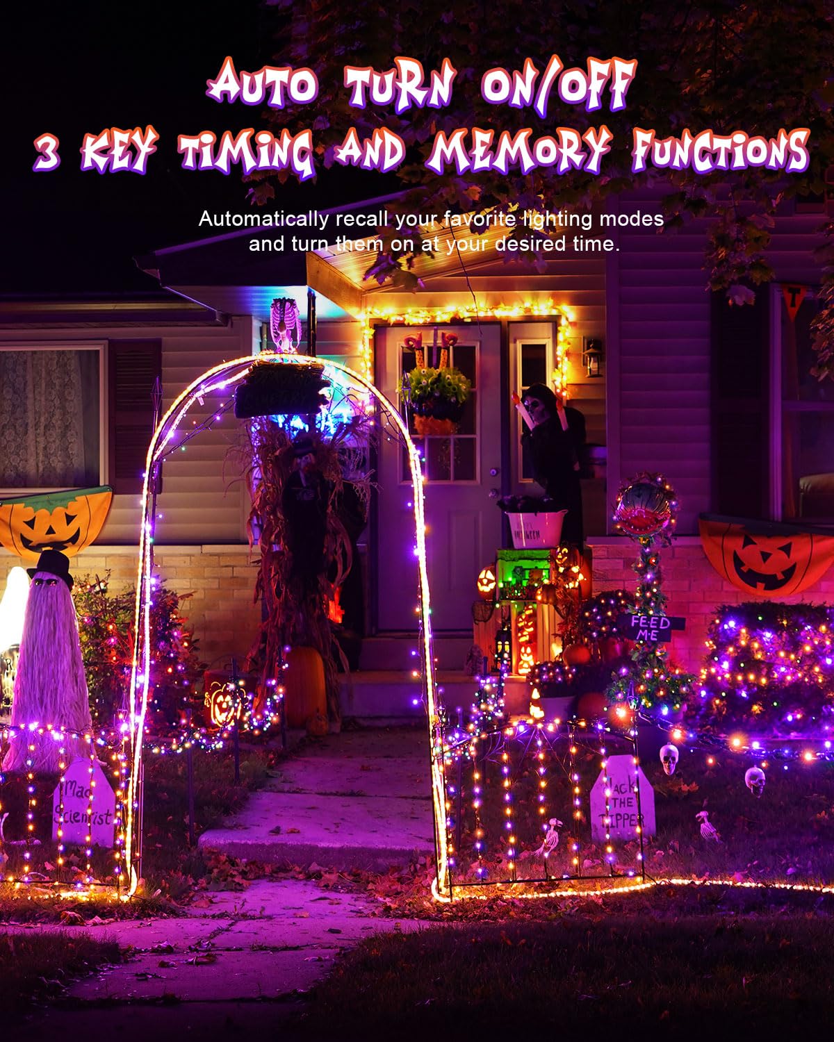 JIXXULVU Halloween String Lights, 125FT 380LED, Waterproof Black Wire, 8 Modes, Timer, Purple & Orange