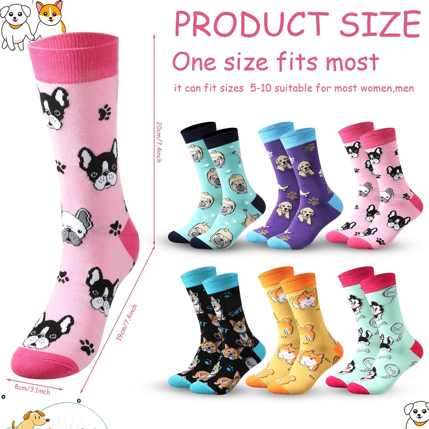 Panitay 6 Pairs Dogs Socks for Women Soft Cotton Socks Cute Animal Gifts for Dog Lovers Veterinary Gifts