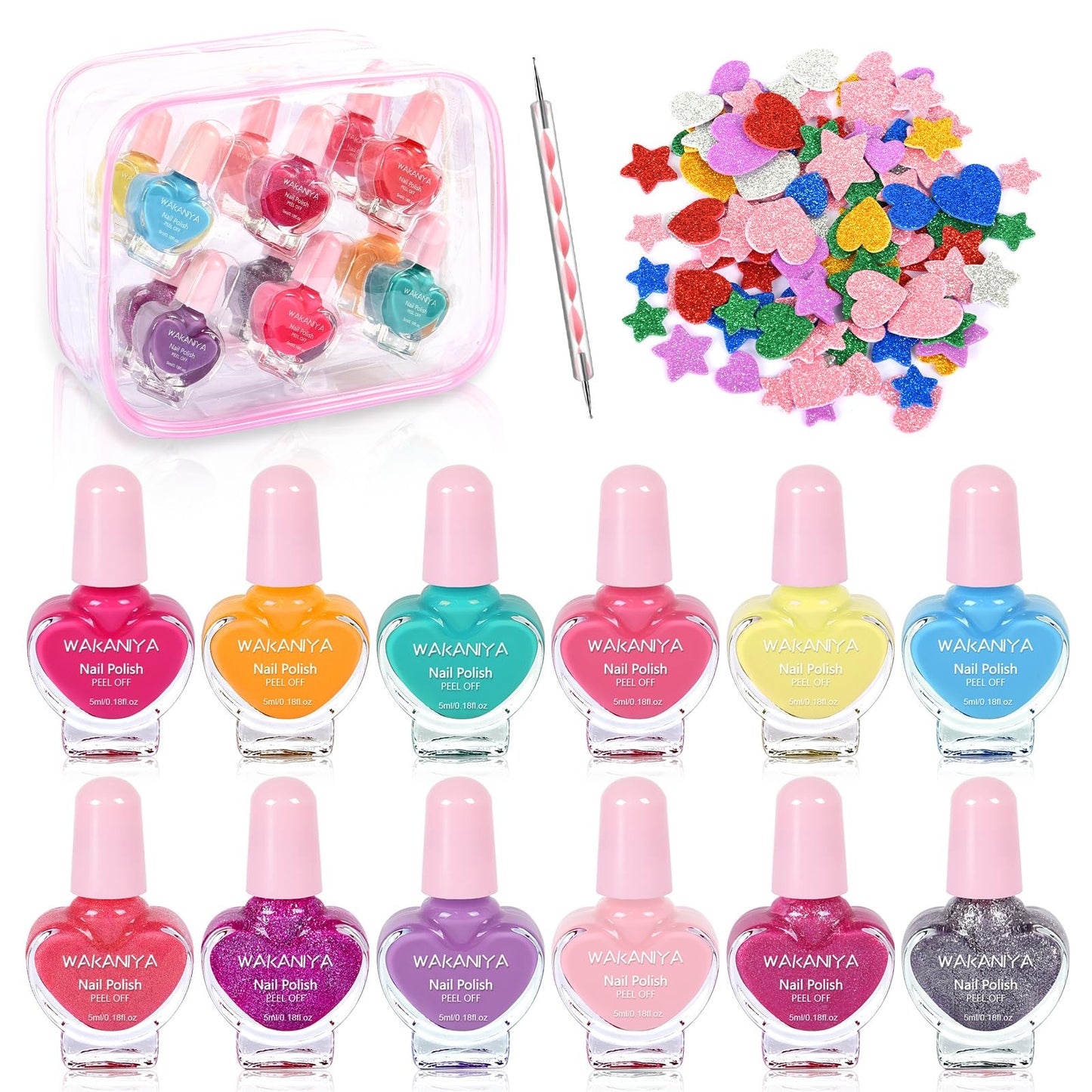 Kids Nail Polish Set - Non Toxic, Quick Dry Peel Off Girls Nail Polish 12 Colors with Glitter Stickers and PVC Organizer Bag
