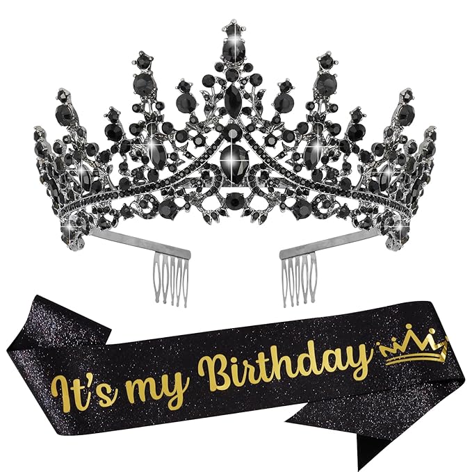 VELSCRUN Black Crystal Birthday Tiara Crowns for Women Girls It's My Birthday Sash Queen Girls Princess Crown with Combs H...
