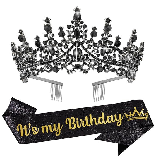 VELSCRUN Black Crystal Birthday Tiara Crowns for Women Girls It's My Birthday Sash Queen Girls Princess Crown with Combs H...