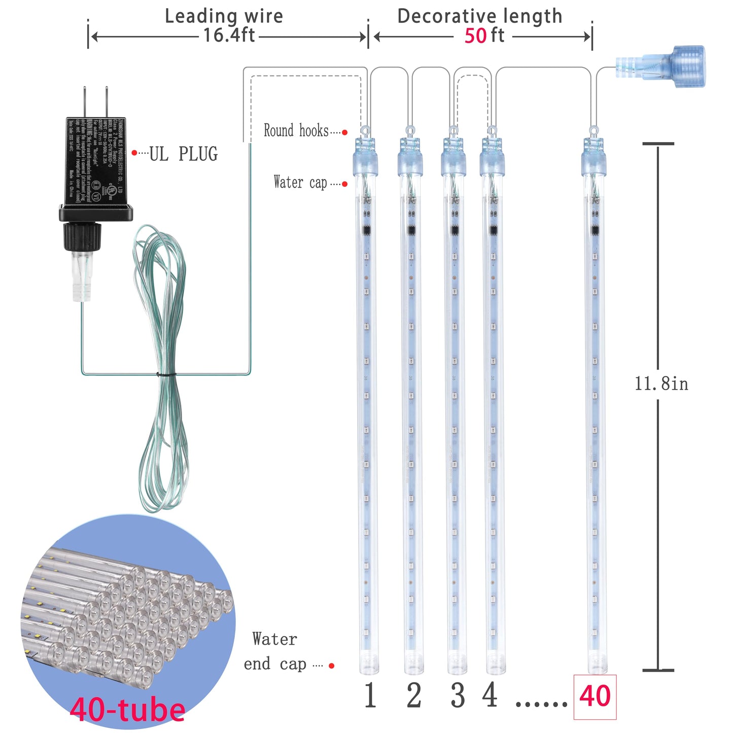 Purtuemy Outdoor Christmas Lights: 40 Tube(Equivalent To 5 Sets Of 8-Tubes) Meteor Shower Rain Lights - Waterproof Christmas Halloween Decorations For Yard Outside Tree Roof  White
