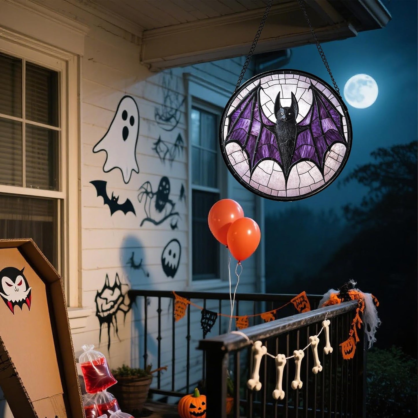 Stained Glass Window Hanging - Halloween Black Bat Purple Wings Monster Suncatcher for Doors Garden Home Spooky Sun Catchers Gothic Decor Horror Gift for Women Men Friend Boy Girl 11.8 in