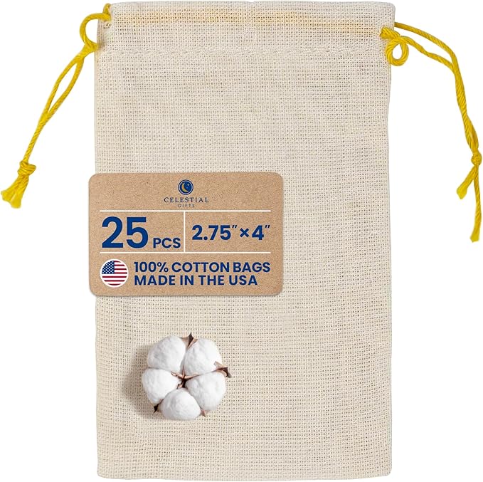 Celestial Gifts Muslin Bags - Doublel Drawstring Bags Small 25pcs - 2.75x4, Reusable Tea, Jewelry, Gift, Spice and Sachet Bag - 100% Cotton - Made in USA - (Natural Hem & Yellow Double Drawstring)