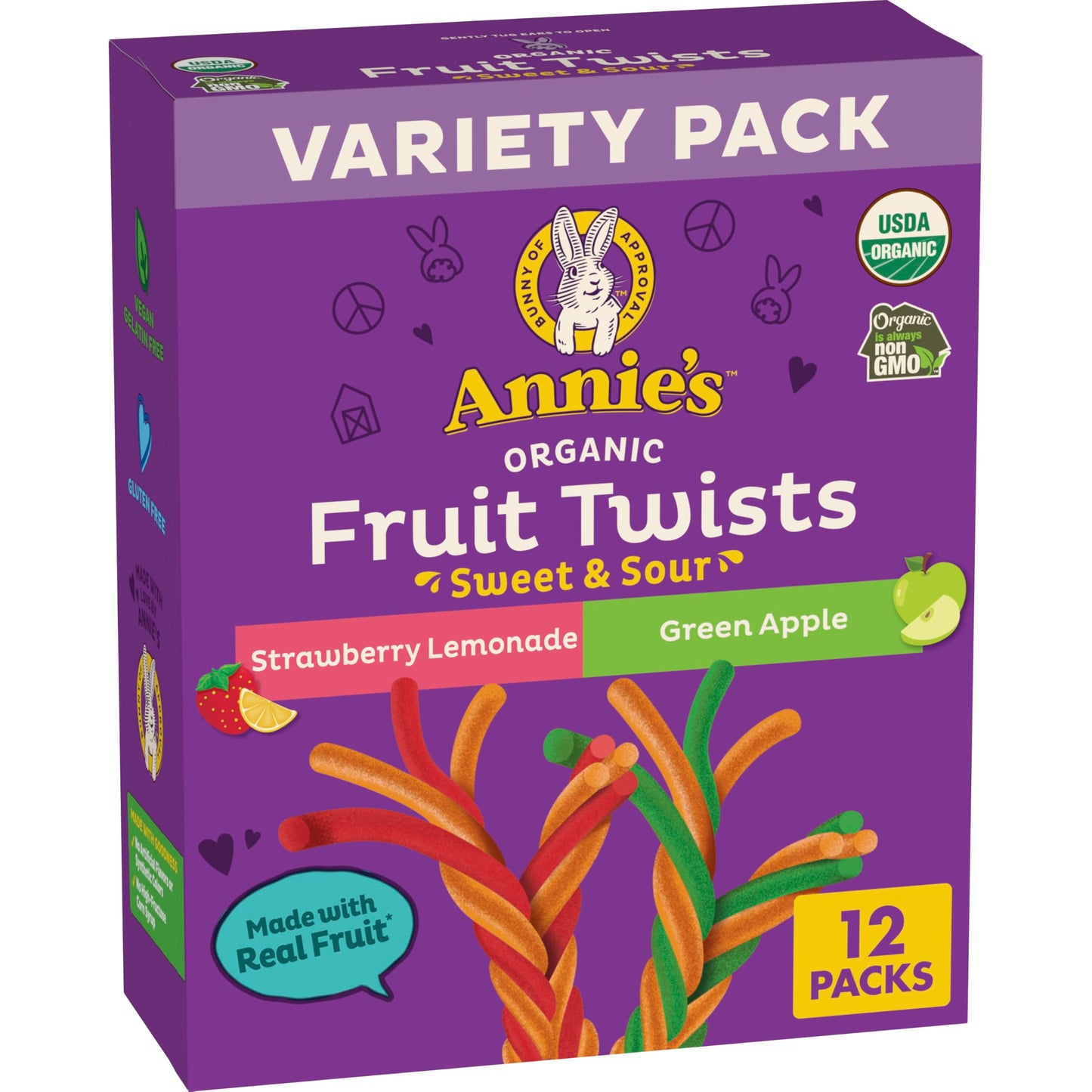 Annies Organic Sweet and Sour Fruit Twists, Strawberry Lemonade and Green Apple Fruit Flavored Snacks, Variety Pack, 12 Count,