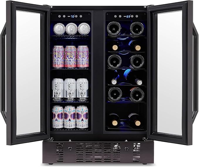 NewAir 24" Dual Zone Wine and Beverage Refrigerator, 18 Bottle & 58 Can, French Door Built-In Fridge with Lock, Black Stainless Steel Cooler, Digital Thermostat, Adjustable Shelves