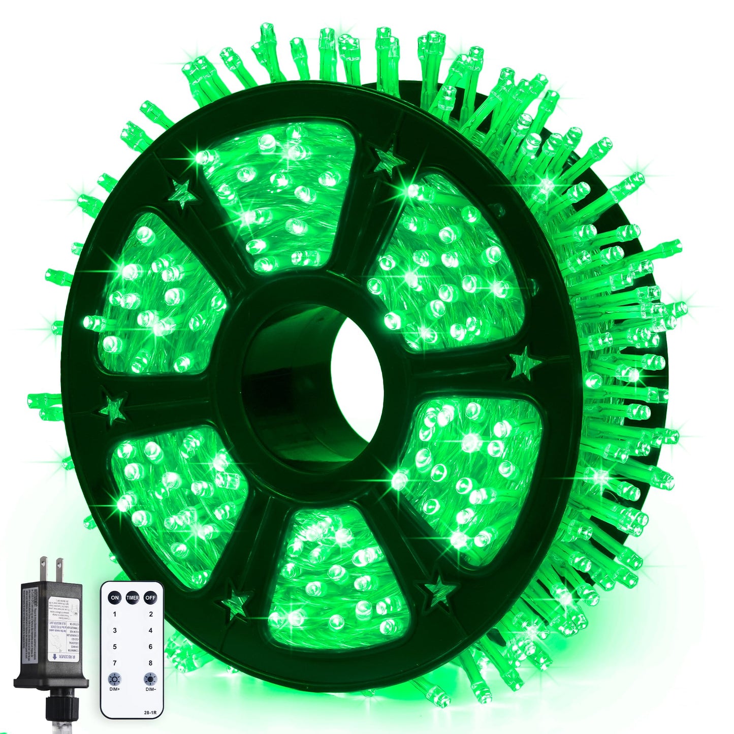JMEXSUSS 600 Green LED String Lights, Waterproof, 8 Modes, Clear Wire, Model EXS-S-0600, for Outdoor Halloween & St. Patricks Day Decor