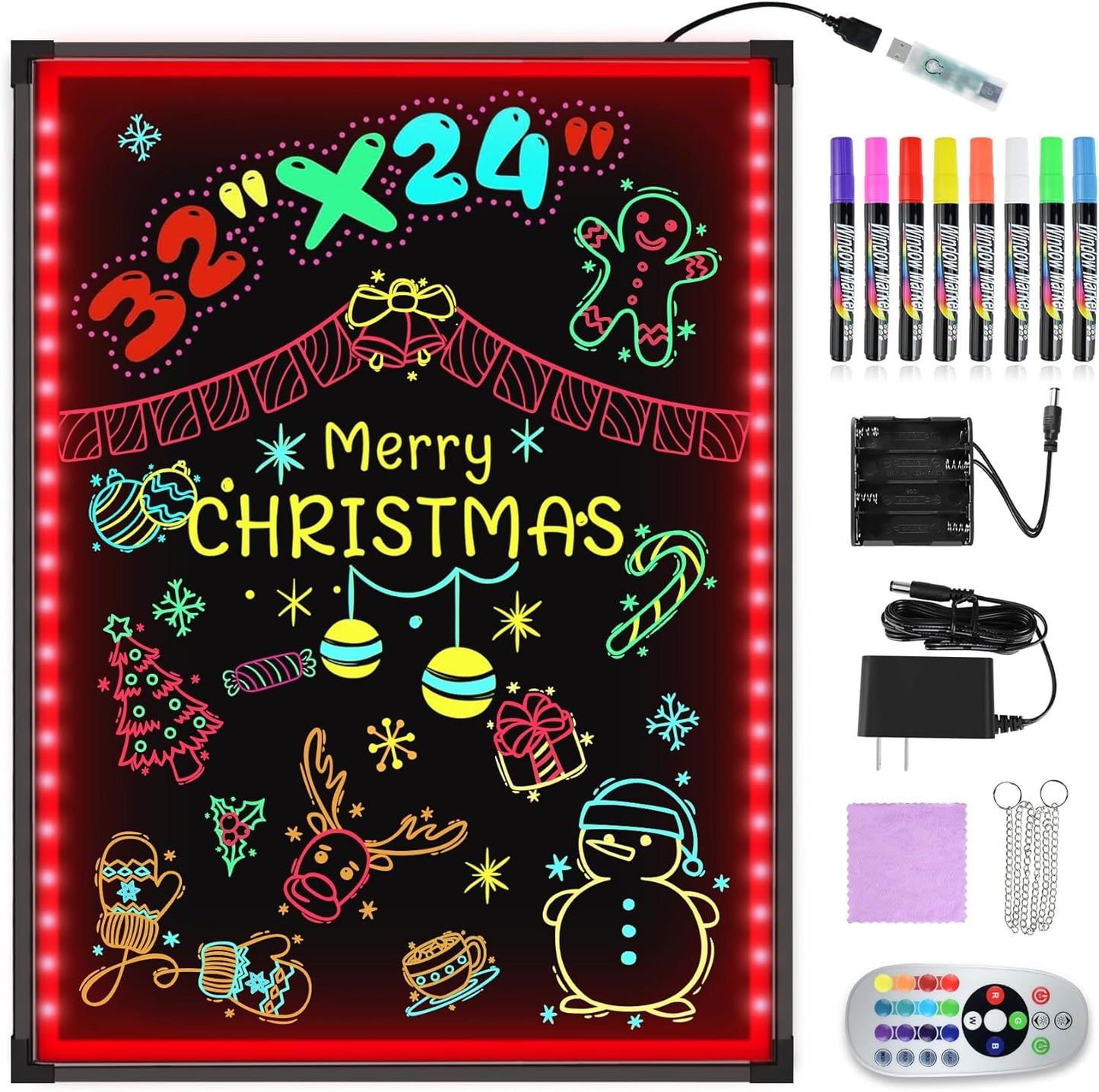 Hosim LED Message Writing Board 32"x24" Illuminated Erasable Neon Effect Restaurant Menu Sign with 8 Colors Markers,16 Lighting Colors DIY Message Chalkboard for Kitchen Wedding Promotions