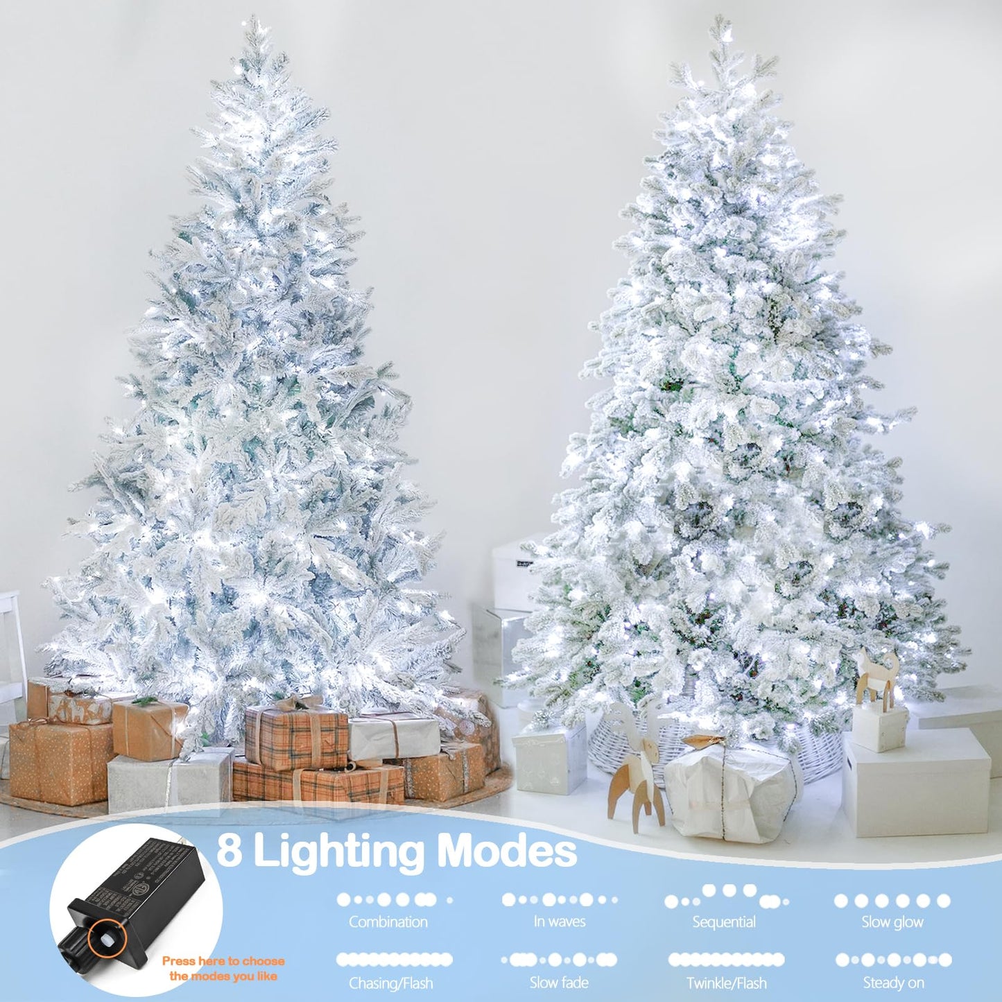 YIQU 800 LED Christmas String Lights, Green Wire, Waterproof, Memory Function Timer, 8 Modes, Cool White, Model MLS-D29V6WUC-O