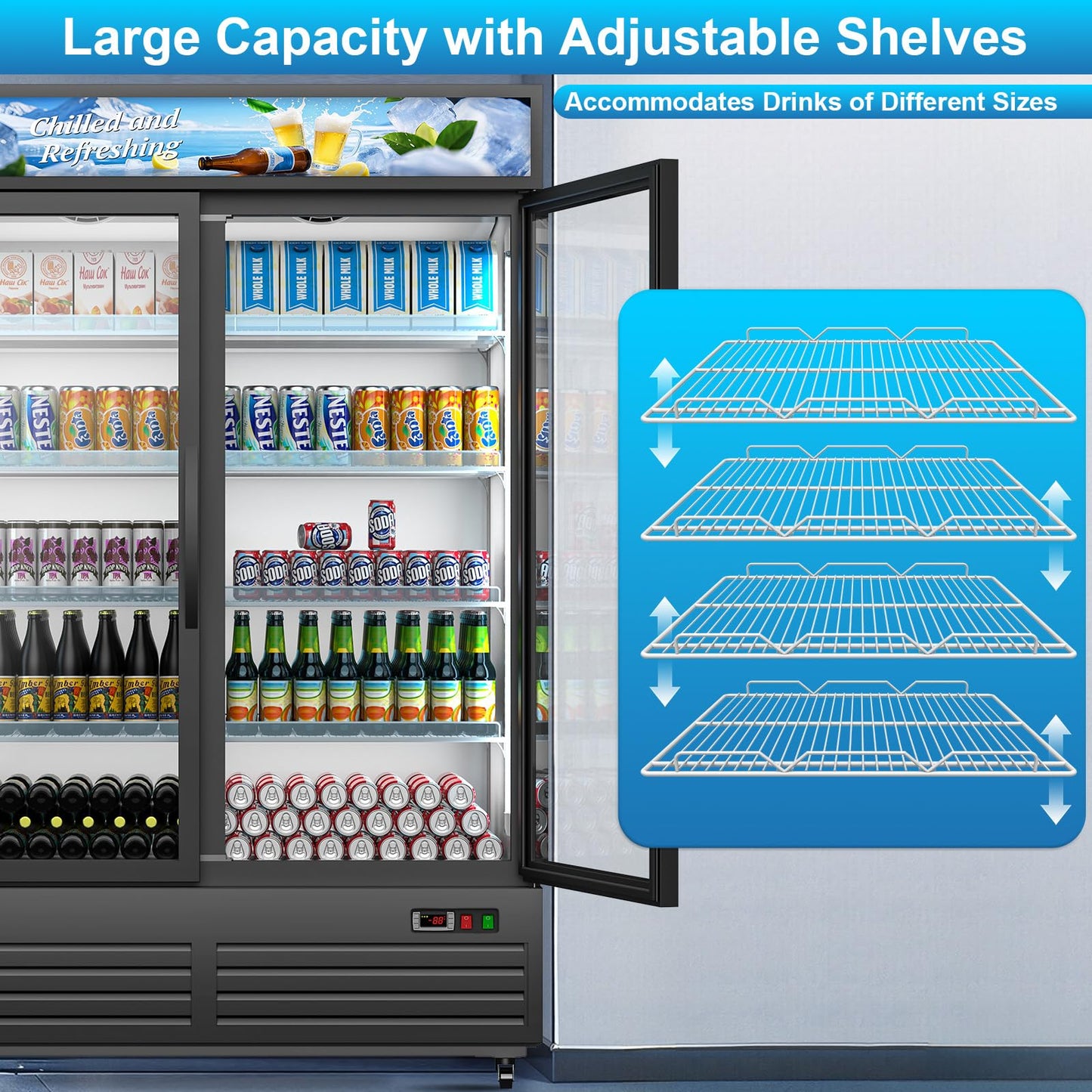 Commercial Beverage Refrigerator with 2 Glass Door, 41.3 Cu.Ft Display Fridge Beverage Cooler with Customizable Lightbox Adjustable Shelves, Drink Fridge Merchandiser for Restaurant Shop, Black