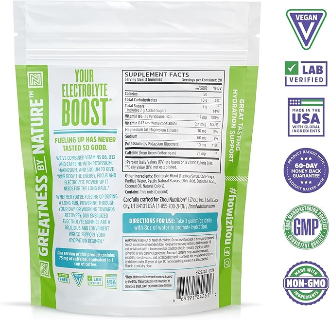 Zhou Nutrition Hydro-Fuel Plus - Electrolyte Gummies - Advanced Electrolyte Complex Plus 75 mg of Caffeine - Clean Energy Supplements - Vegan, 20 Servings, 60 Gummies