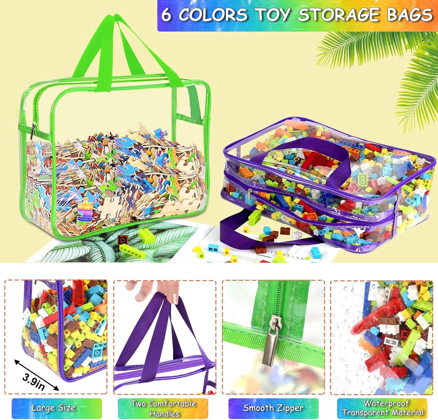 OPELETNNT 6 Color Large Toy Storage Bags with Labels, Reusable Clear PVC Board Game Storage, Travel Waterproof Organizer Bags with Zipper for Building Blocks, Puzzle, Kids Books
