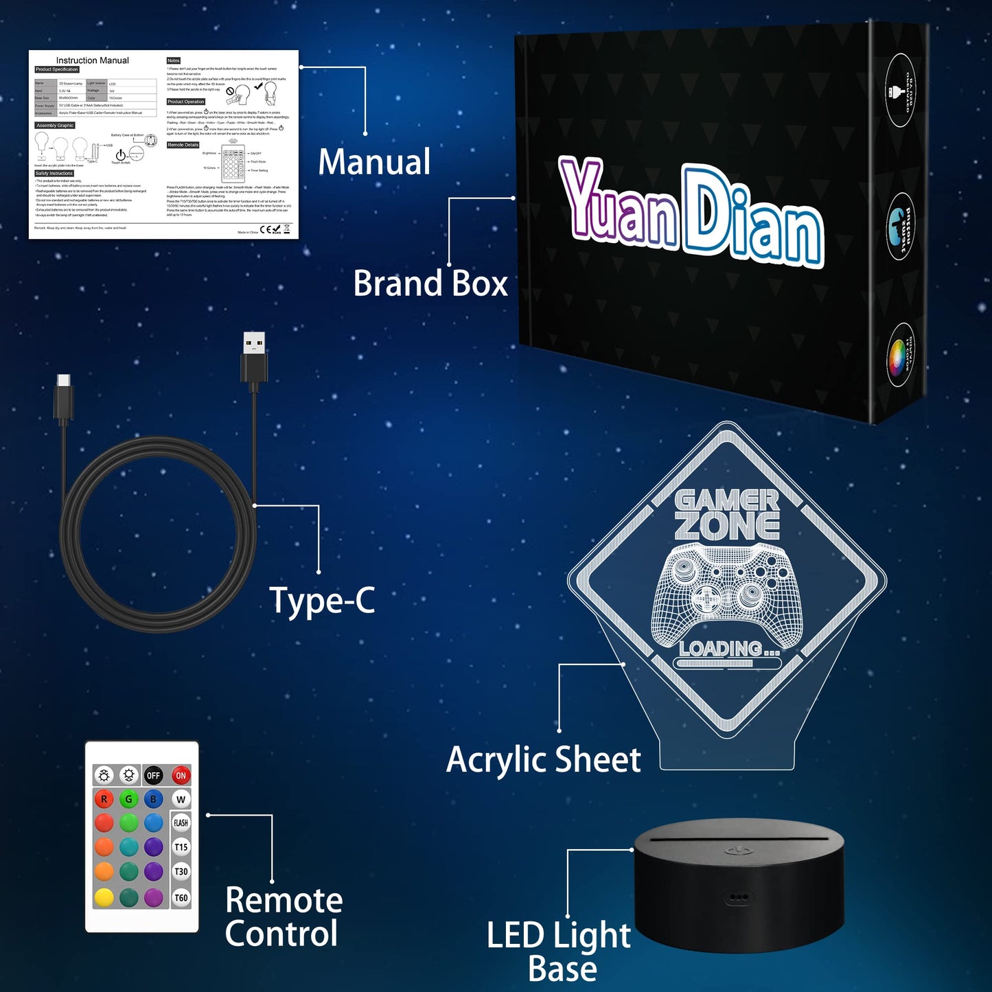 Yuandian Gamer Zone Night Light - 3D Illusion Lamp, Touch & Remote Control, Multicolor, Regular Size (8 X 6 In), Model Fs-2810-9999